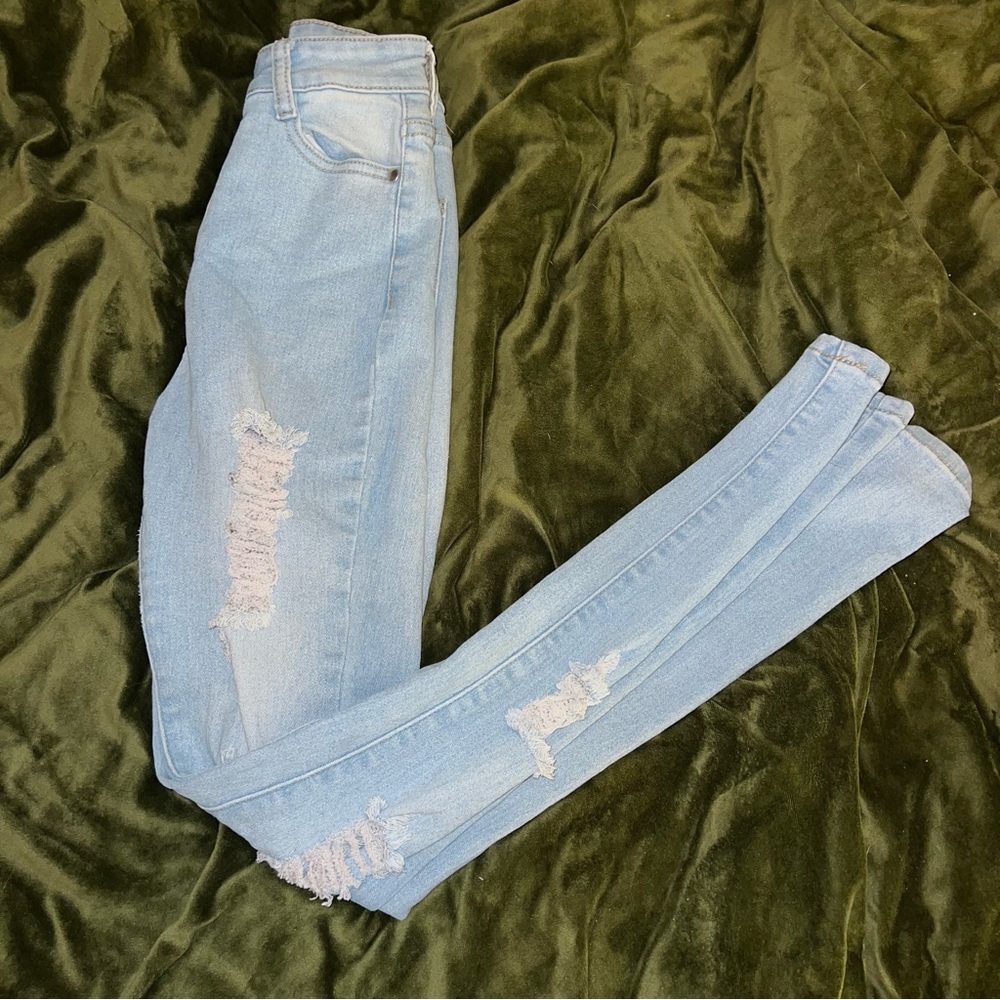 Fashion Nova Bob High Waist Light Blue Stone Wash Distressed Skinny Jeans 3/4